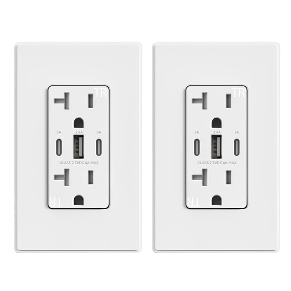 ELEGRP 30W 6.0 Amp 3-Port USB Wall Outlet, 20A Duplex Receptacle with Dual Type C & A Ports,UL Listed,w/Srewless Wall Plate, Matte White 2PC