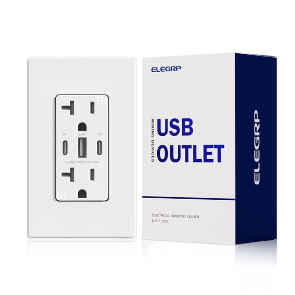 ELEGRP 30W 6.0 Amp 3-Port USB Wall Outlet, 20A Duplex Receptacle with Dual Type C & A Ports,UL Listed,w/Srewless Wall Plate, Matte White 1PC