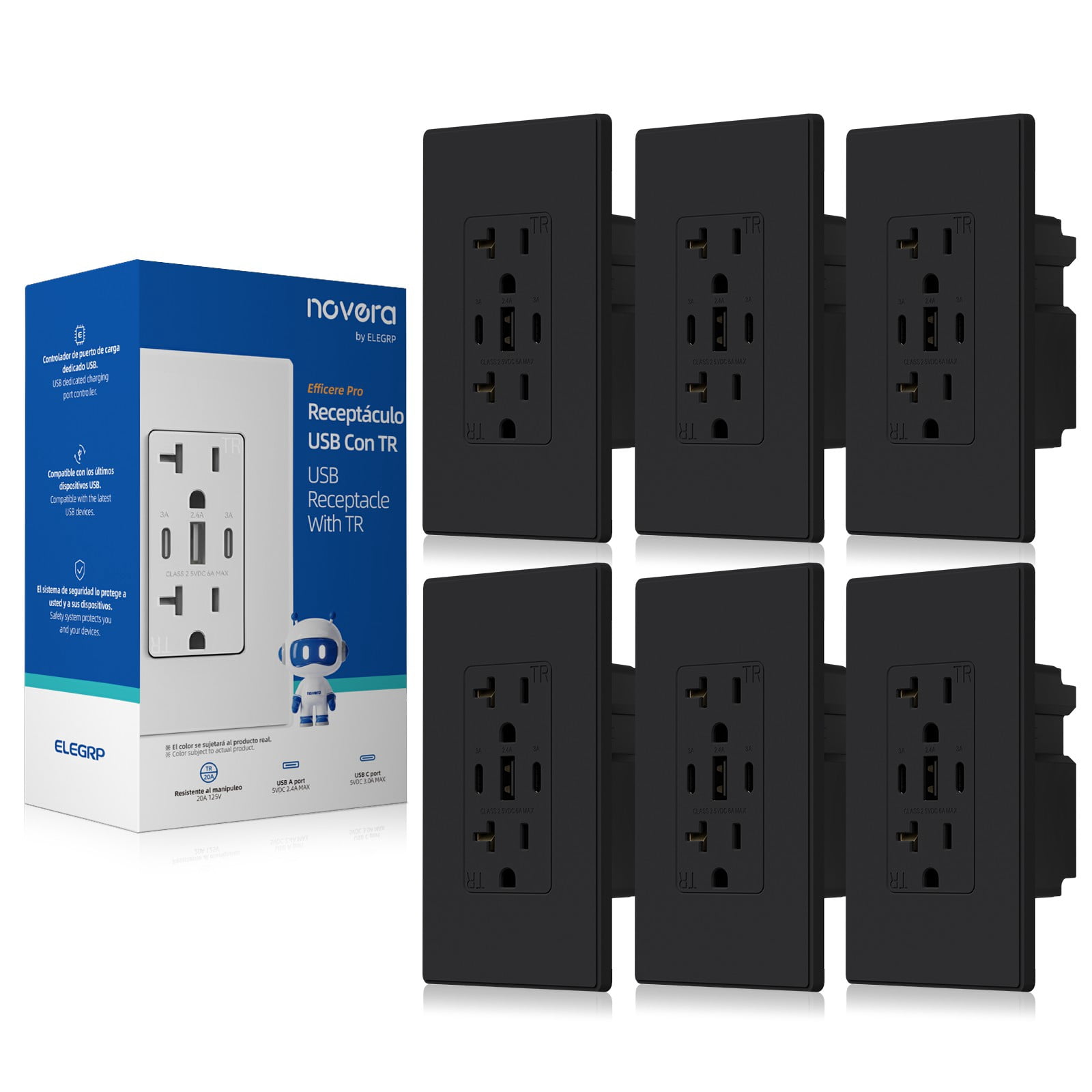 ELEGRP 30W 6.0 Amp 3-Port USB Wall Outlet, 20A Duplex Receptacle with Dual Type C & A Ports,UL Listed,w/Srewless Wall Plate, Matte Black 6PC
