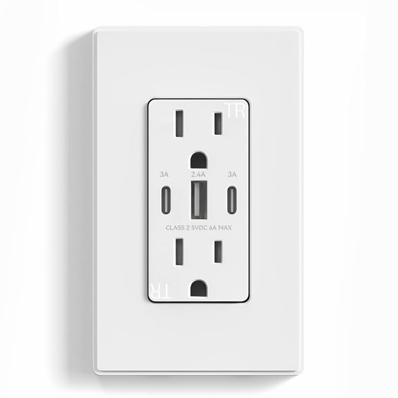 ELEGRP 30W 6.0 Amp USB Wall Outlet, 15A Receptacle with Dual Type C & A Ports, Charger for iPhone/iPad/Samsung/LG/HTC/Android Devices, UL Listed, Wall Plate Included, Matte White, 1PC