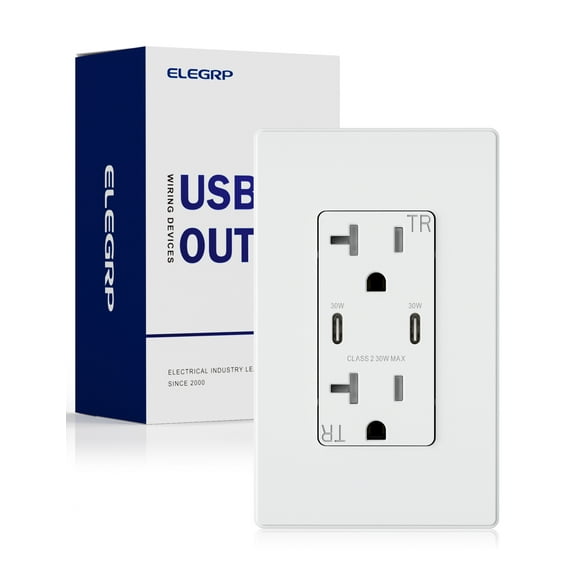 ELEGRP USB Outlets Receptacles, Each USB Port 30W Support Fast Charge Protocols for MacBook Air/iPhone/Samsung/iPad, 20 Amp Outlet with USB C Ports, Wall Plate included, UL Listed