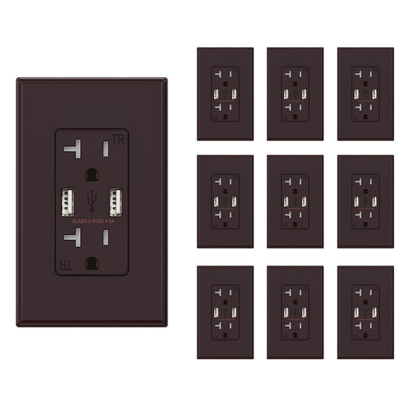 ELEGRP 4.0 Amp USB Outlet, Dual Type A In-Wall Charger with 20 Amp Duplex Tamper Resistant Outlet,Wall Plate Included, Brown, R1620D40-BR10 (10-Pack)