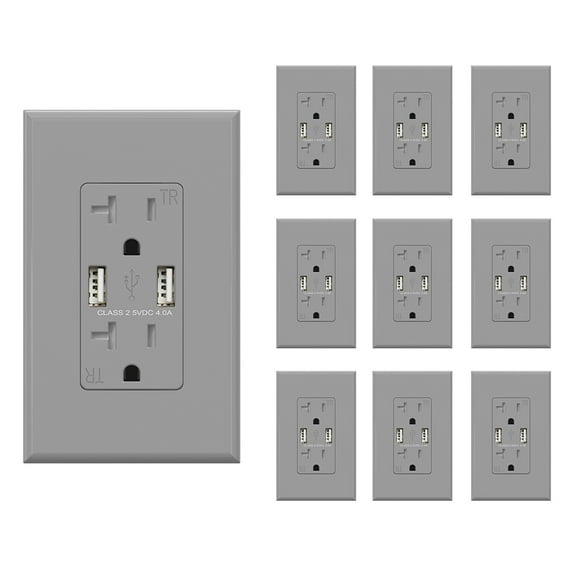 ELEGRP 4.0A USB Outlet, Dual Type A in-Wall Charger with 20A Duplex TR Outlet, Wall Plate Included, Gray (10-Pack)