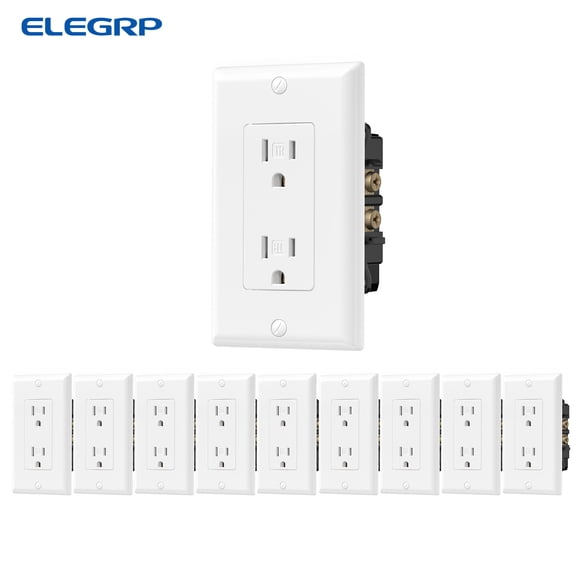 ELEGRP Commercial Grade Duplex Receptacle 2-Pole 3-Wire Grounding Tamper-Resistant 15A 125V NEMA 5-15R White 10 Pack