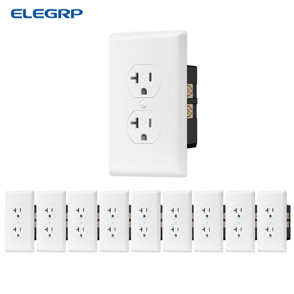ELEGRP Commercial Grade Duplex Receptacle 2-Pole 3-Wire Grounding Tamper-Resistant 20A 125V NEMA 5-20R White 10 Pack