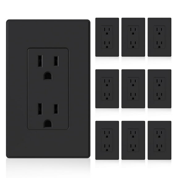 ELEGRP Decorator Electrical Wall Receptacle Outlet, 15A 125V, 2 Pole 3 Wire, Self-Grounding, Non- Tamper Resistant, Self-Grounding, NEMA 5-15R, UL Listed, Wall Plate Included, Matte Black,10 PC