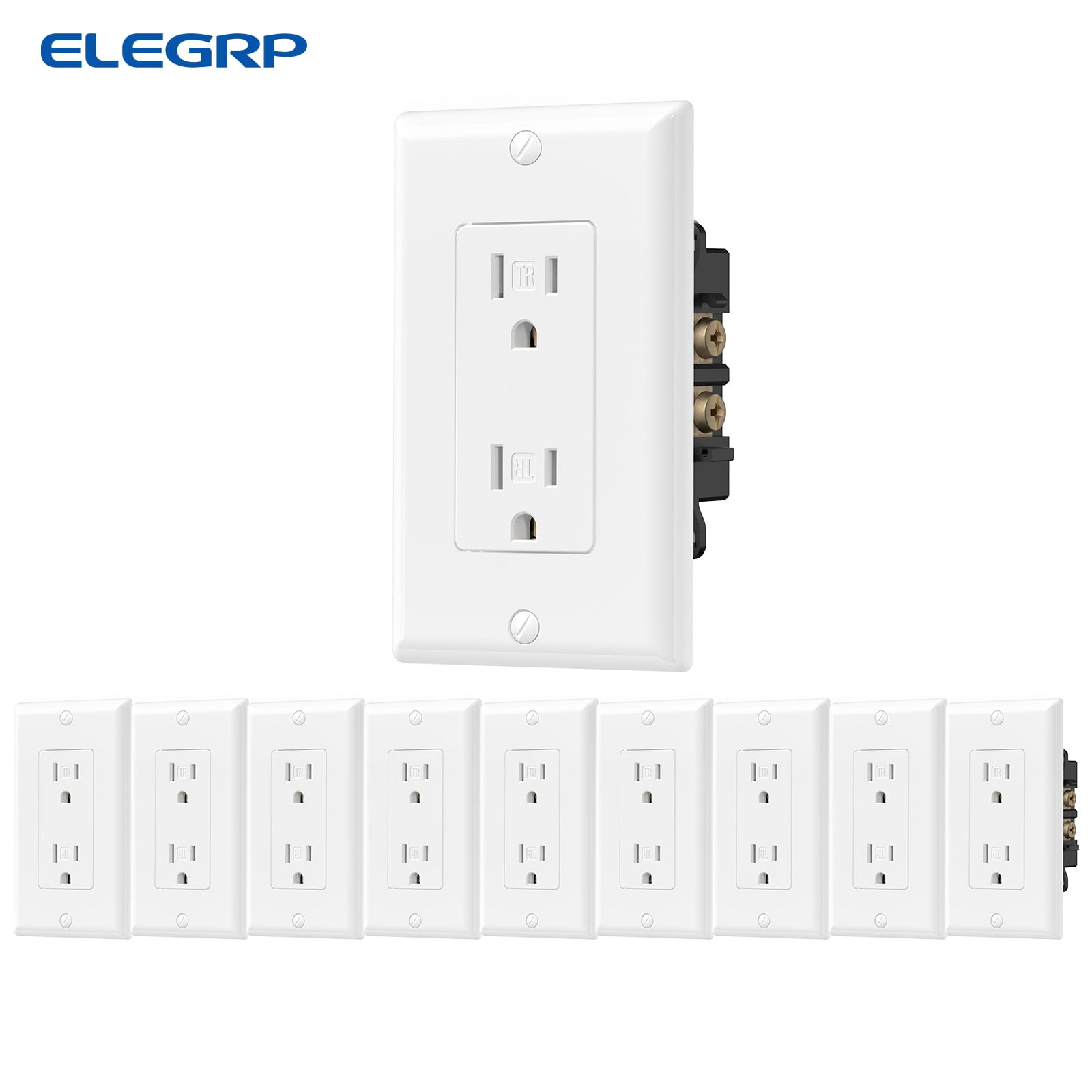 ELEGRP Matte Black 15A 125V Decorator Wall Outlet – Non-Tamper Resistant, Self-Grounding, With Wall Plate, UL Listed (10-Pack)