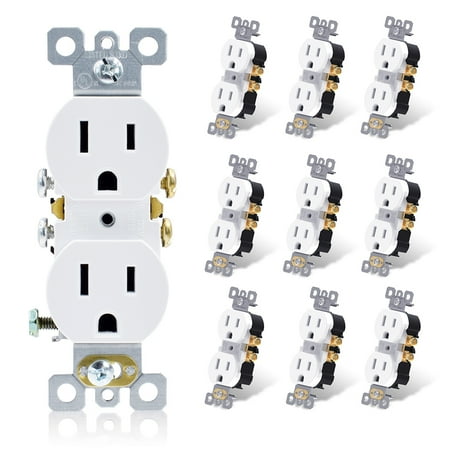 ELEGRP Duplex Receptacle, 15A 125V Standard Electrical Wall Outlet, 2 Pole 3 Wire, Non- tamper Resistant, NEMA 5-15R, Self-Grounding Residential Grade Outlet, UL List,Glossy White, 10 Pack
