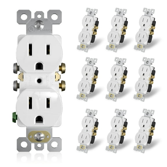 ELEGRP Duplex Receptacle, 15A 125V Standard Electrical Wall Outlet, 2 Pole 3 Wire, Non- tamper Resistant, NEMA 5-15R, Self-Grounding Residential Grade Outlet, UL List,Glossy White, 10 Pack