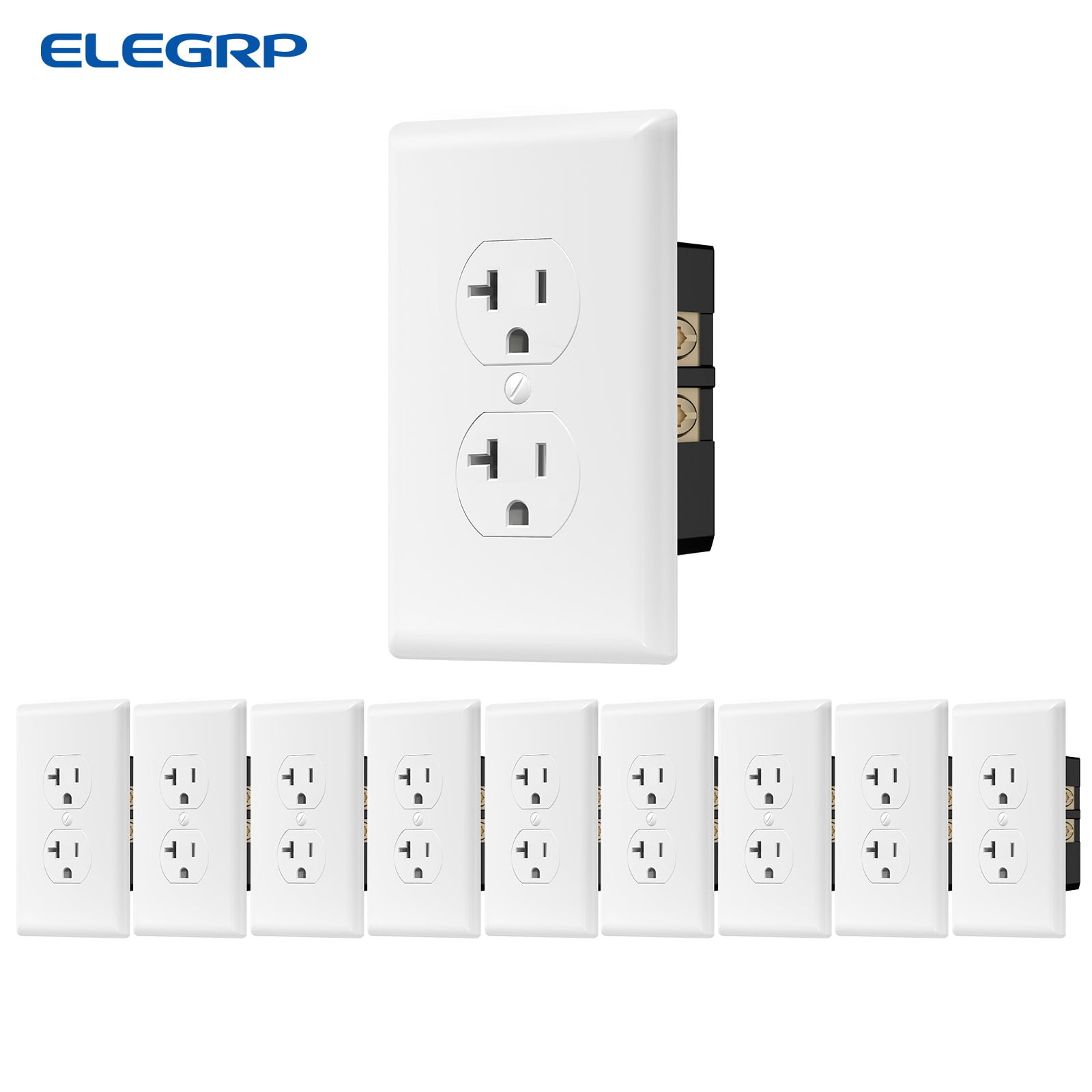ELEGRP Duplex Receptacles 2-Pole 3-Wire Grounding 20A 125V NEMA 5-20R UL Listed White 10 Pack
