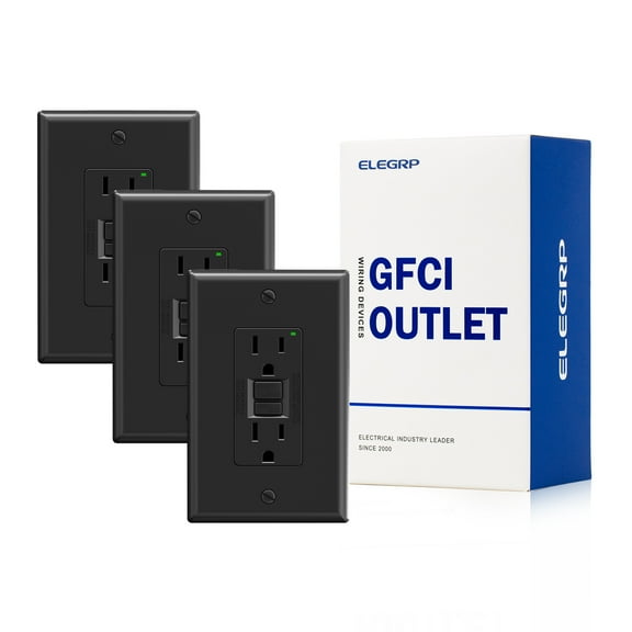 ELEGRP GFCI Outlet, 15 Amp Self-Test GFCI Electrical Outlet, No Tamper Resistant GFCI Receptacle, Wall Plate included, UL Listed, Black 3PC