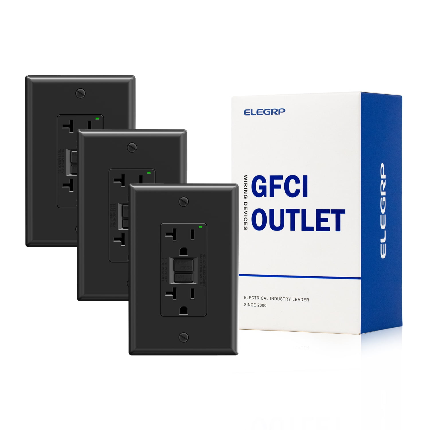 ELEGRP GFCI Outlet, 20 Amp Self-Test GFCI Electrical Outlet, No Tamper Resistant GFCI Receptacle, Wall Plate included, UL Listed, Black 3PC