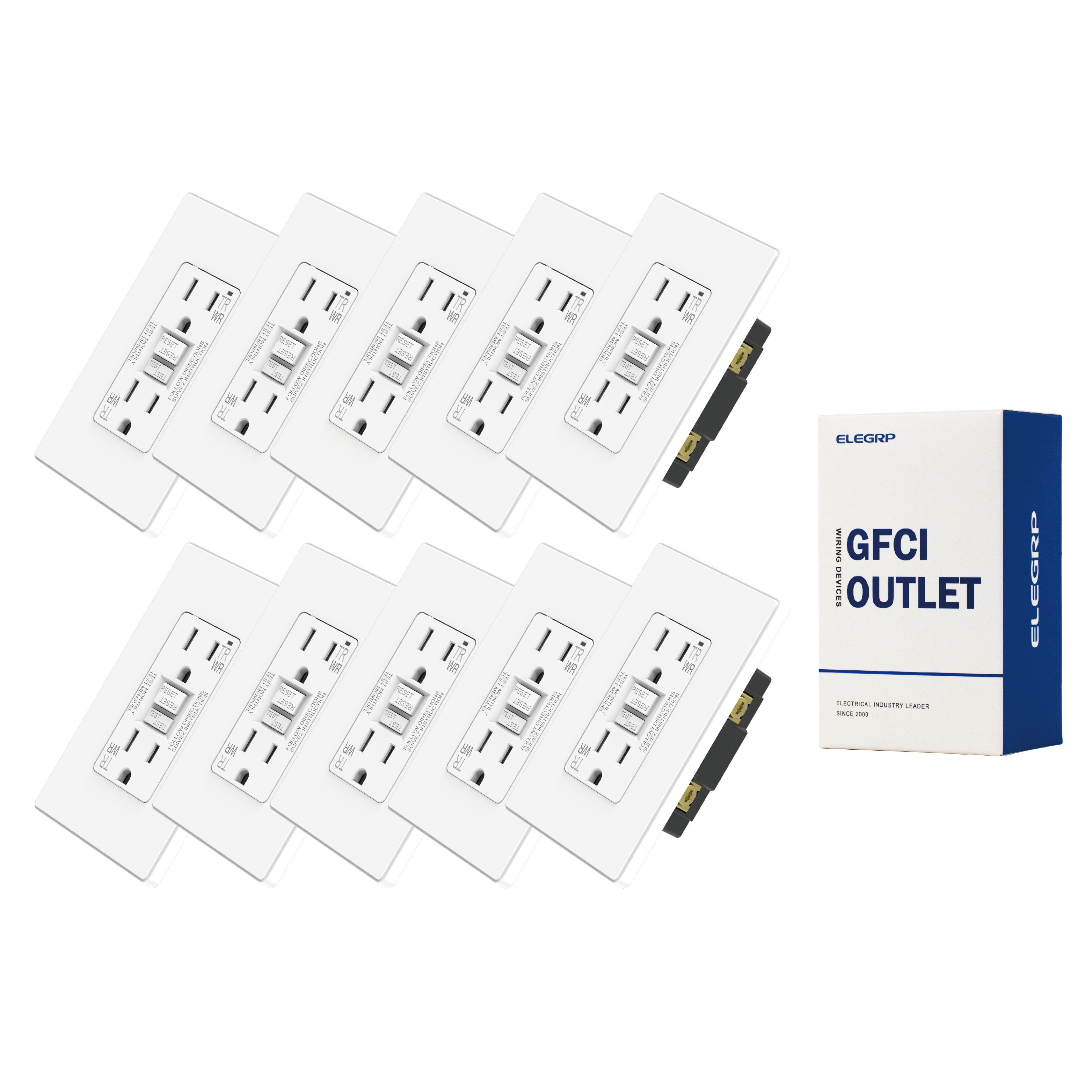 ELEGRP GFCI Outlet Outdoor, 15 Amp Electrical Outlet, Weather & Tamper Resistant GFCI Receptacle, Ground Fault Receptacle with Screwless Wall Plate, UL Listed, White 10PC