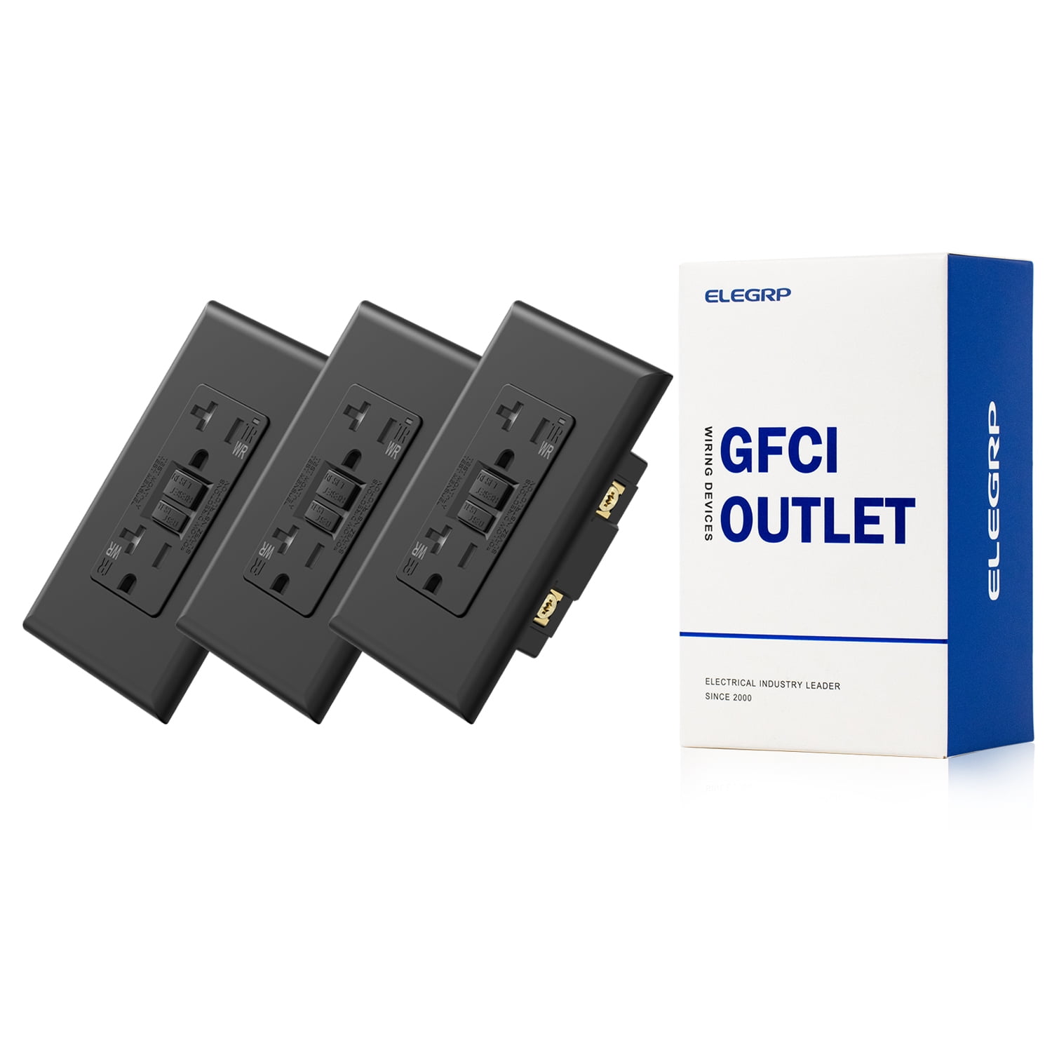 ELEGRP GFCI Outlet Outdoor, 20 Amp Electrical Outlet, Weather & Tamper Resistant GFCI Receptacle, Ground Fault Receptacle with Screwless Wall Plate, UL Listed, Black 3PC