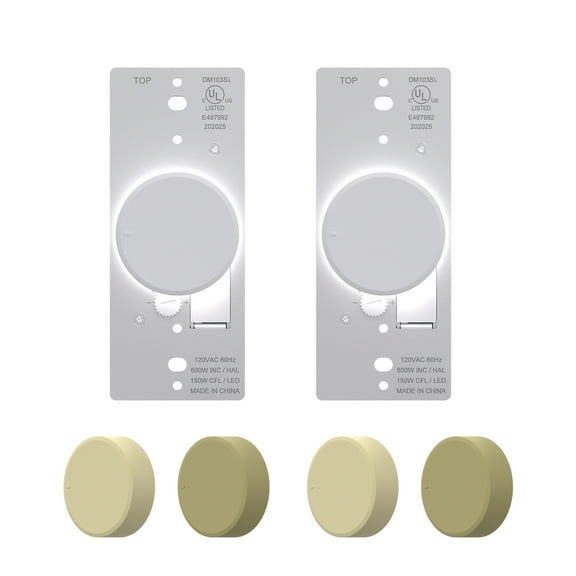 ELEGRP Push Button Rotary Dimmer Switch with Night Indicator Light, Push On/Off, Single Pole/ 3-Way, White/Ivory/light Almond Knobs Included(2 Pack)