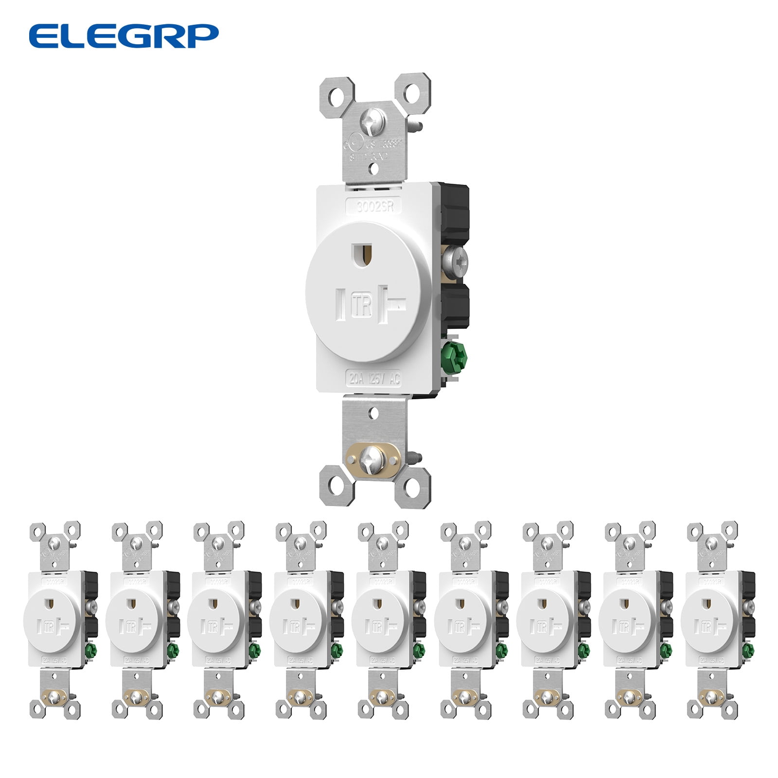 ELEGRP Single Receptacle 2-Pole 3-Wire Grounding Tamper-Resistant 20A 125V NEMA 5-20R White 10 Pack