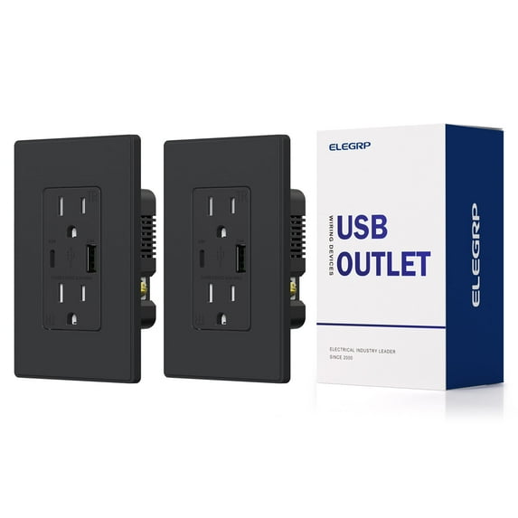 ELEGRP USB Outlet Receptacle, 21W 4.2A USB Electrical Outlet, USB C Wall Outlet, 15 Amp Duplex Tamper Resistant Outlet with Type A & Type C Ports, Wall Plate Included, UL Listed, Black
