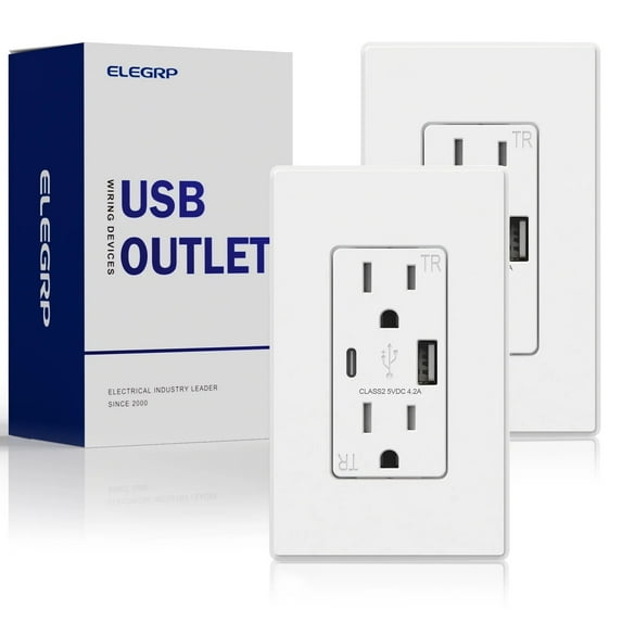 ELEGRP USB Charger Wall Outlet, USB Receptacle with Type A & Type C USB Ports, 15 Amp Duplex Tamper Resistant Receptacle, Wall Plate Included, UL Listed，White,2PC