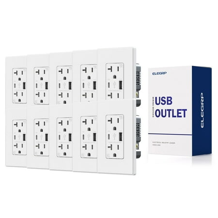 ELEGRP USB Outlet Receptacle, 21W 4.2A USB Electrical Outlet, USB C Wall Outlet, 20 Amp Duplex Tamper Resistant Outlet with Type A & Type C Ports, Wall Plate Included, UL Listed, White