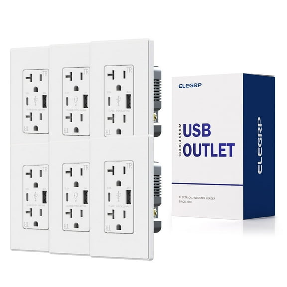 ELEGRP USB Outlet Receptacle, 21W 4.2A USB Electrical Outlet, USB C Wall Outlet, 20 Amp Duplex Tamper Resistant Outlet with Type A & Type C Ports, Wall Plate Included, UL Listed, White