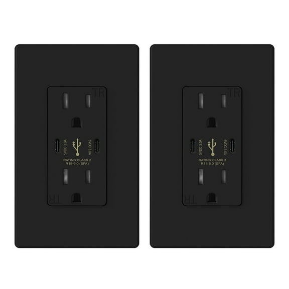 ELEGRP USB Outlets Receptacles, 30W 6.0 Amp USB C Wall Outlet, 15 Amp Tamper Resistant Outlet with 2 USB C Ports, UL Listed, Wall Plate Included, Black 2PC