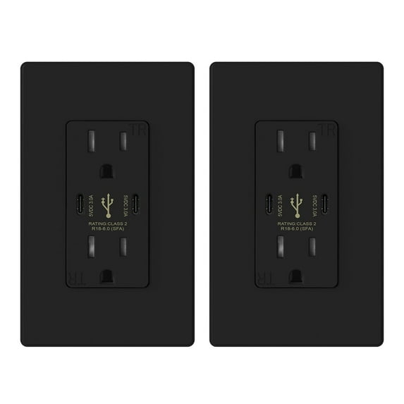 ELEGRP USB Outlets Receptacles, 30W 6.0 Amp USB C Wall Outlet, 15 Amp Tamper Resistant Outlet with 2 USB C Ports, UL Listed, Wall Plate Included, Black 2PC