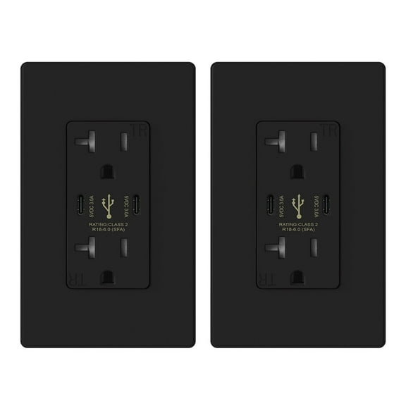 ELEGRP USB Outlets Receptacles, 30W 6.0 Amp USB C Wall Outlet, 20 Amp Tamper Resistant Outlet with 2 USB C Ports, UL Listed, Wall Plate Included, Black 2PC