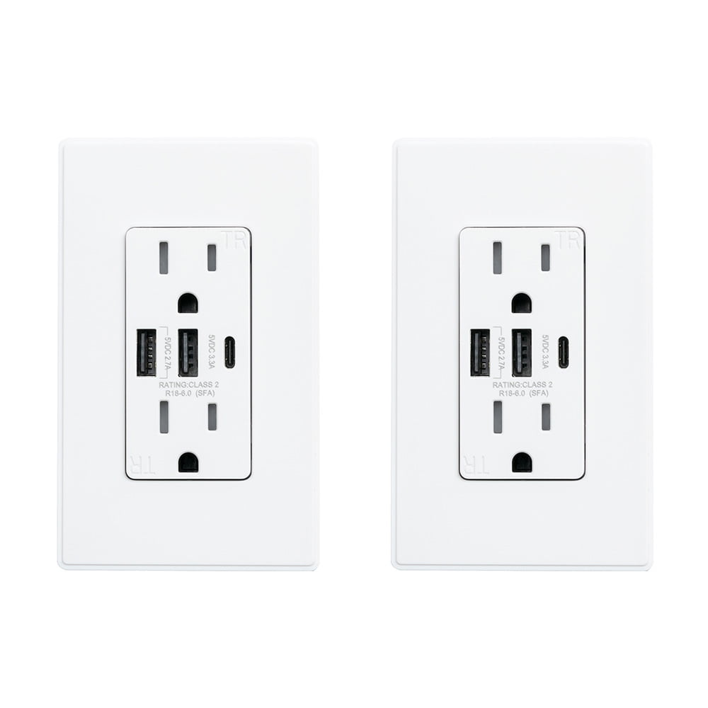 White Tamper Resistant Duplex Outlet with USB-C Ports and Wall Plate