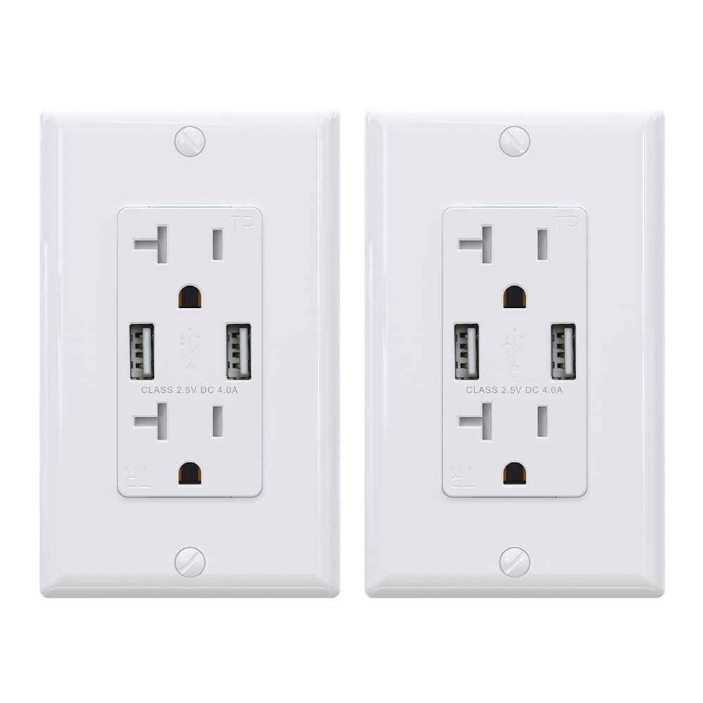 ELEGRP USB Wall Charger,Dual Type A, 4.0 Amp, W/ 20 Amp Duplex TR Outlet, W/Wall Plate,R1620D40-WH2-SW,UL Listed (2pcs-in,White)