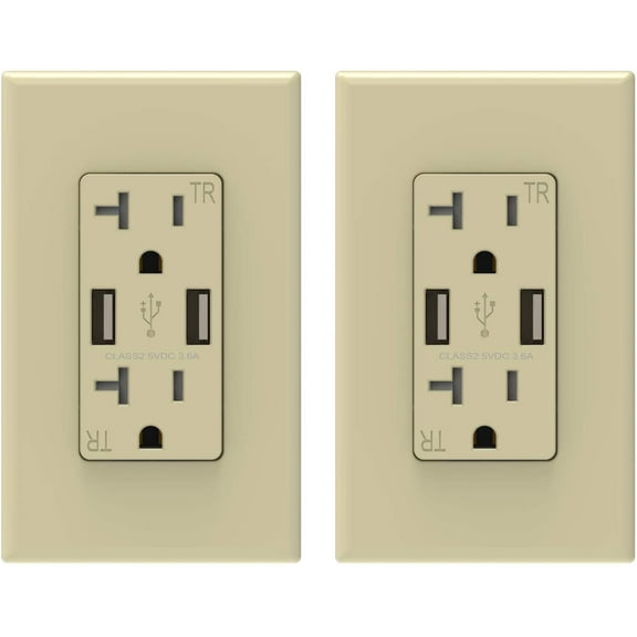 ELEGRP USB Wall Outlet, Dual 3.6 Amp USB Ports, 20 Amp Duplex Tamper Resistant Receptacle Plug, Screwless Wall Plate Included (2 Pack,Ivory)
