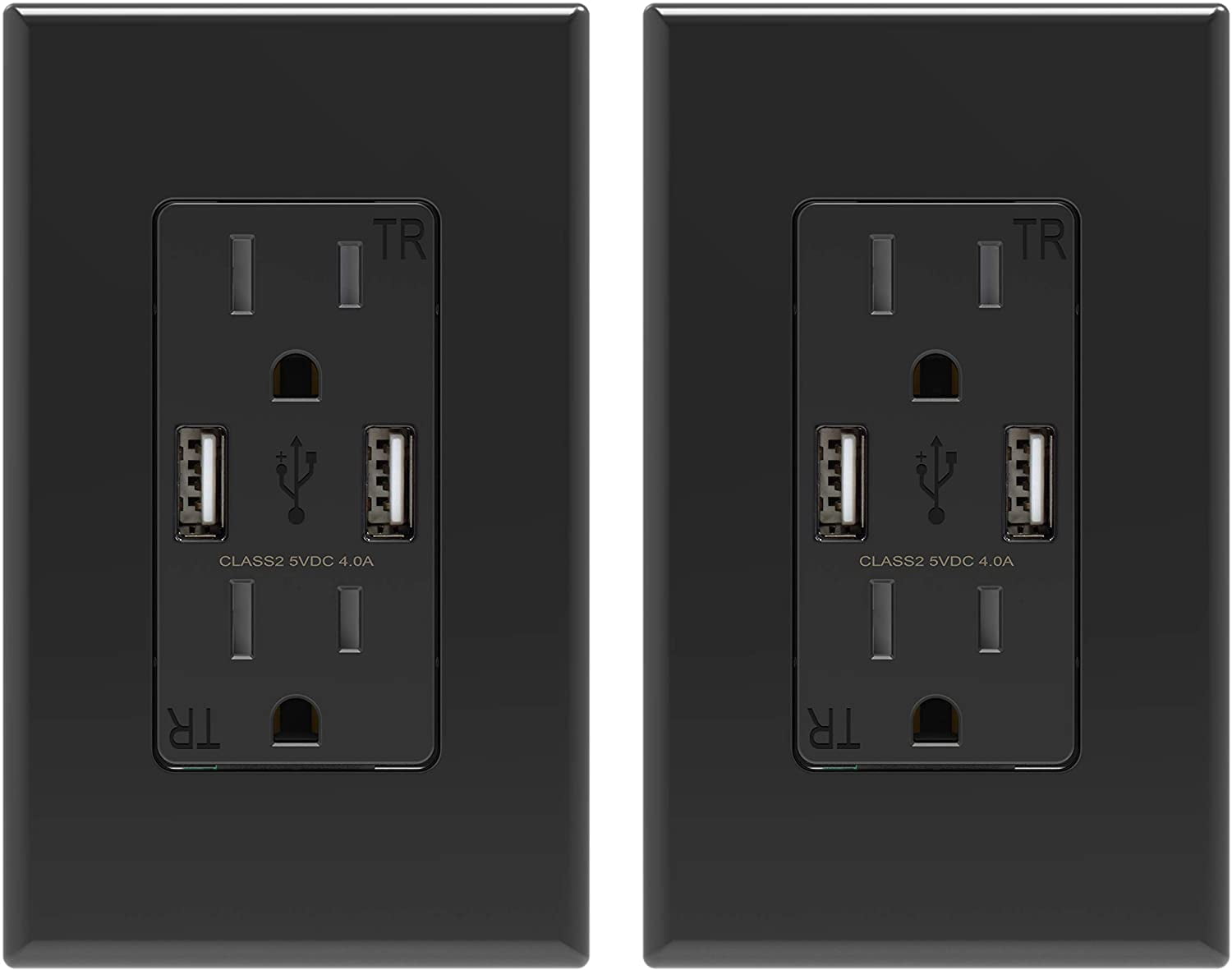 Black 15A Tamper Resistant Duplex Outlet with USB-C Ports