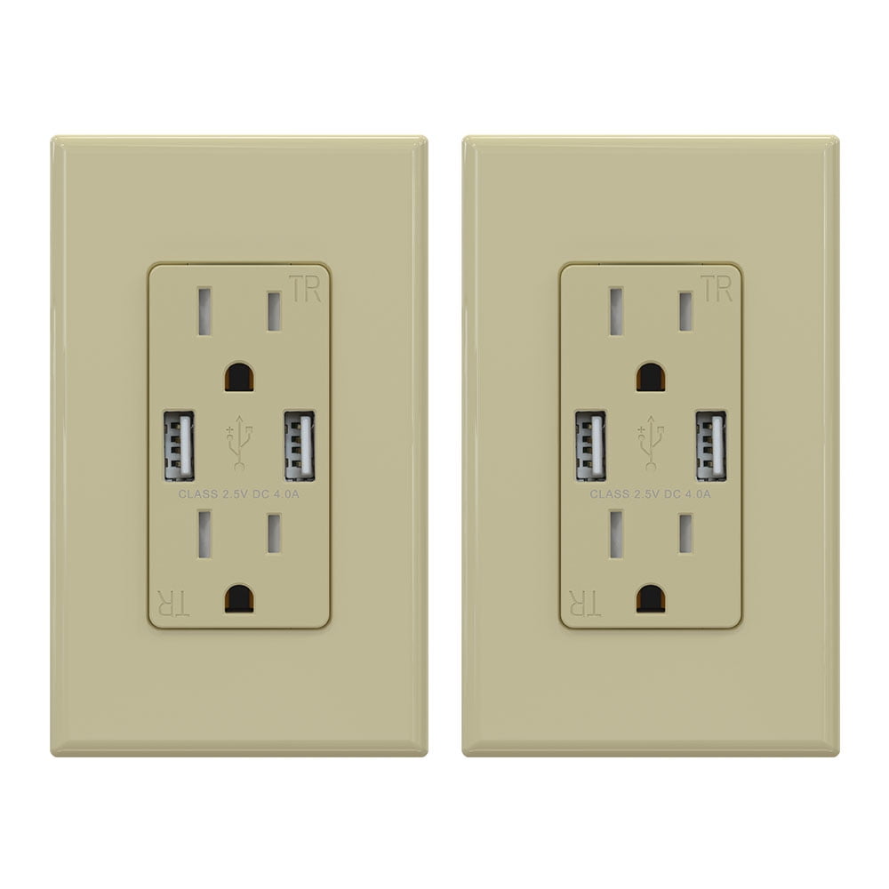 Ivory 15A Tamper Resistant Duplex Outlet with USB Ports and Wall Plate