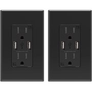 ELEGRP 4 Amp USB Dual Type A In-Wall Charger with 15 Amp Duplex Tamper Resistant Outlet, Wall Plate Included, Black (2-Pack)