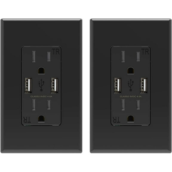 ELEGRP 4 Amp USB Dual Type A In-Wall Charger with 15 Amp Duplex Tamper Resistant Outlet, Wall Plate Included, Black (2-Pack)