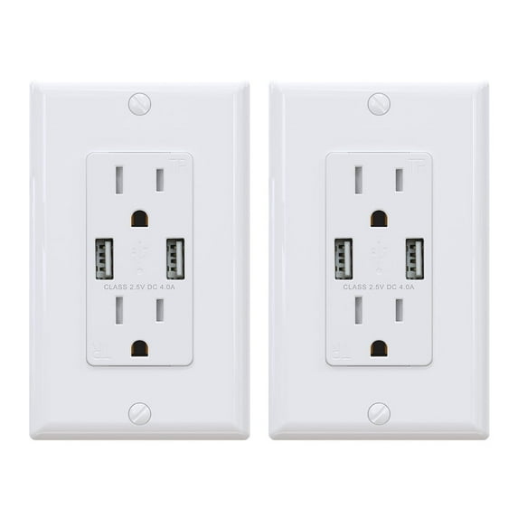 ELEGRP USB Wall Outlet Receptacle with Dual 4.0 A USB Ports, 15 Amp Duplex Tamper Resistant Receptacle, Charging Power Outlet with USB Ports,Wall Plate Included, UL Listed, 2PC, White