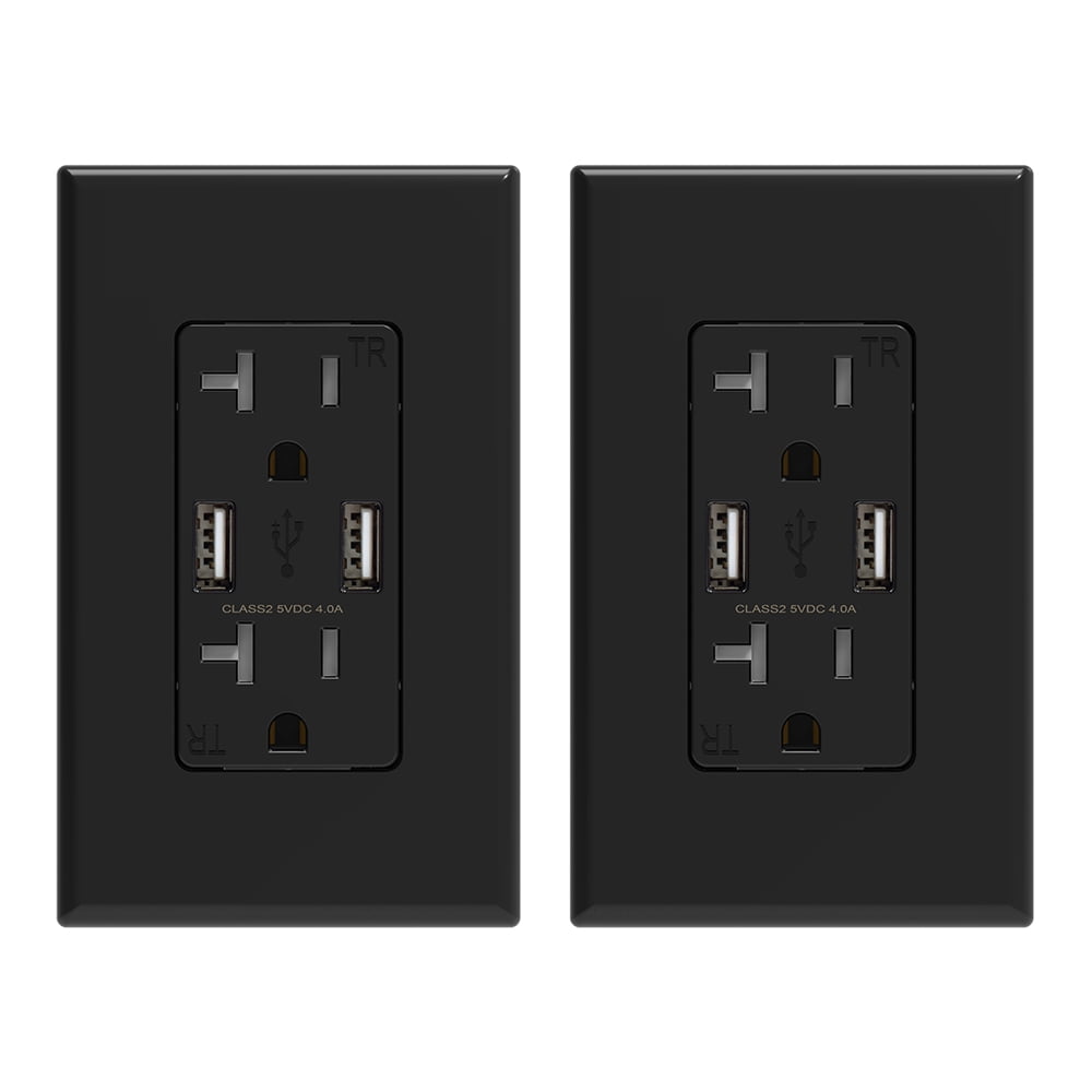 USB Wall Outlet Receptacle with Dual 4.0 A USB Ports, 20 Amp Duplex Tamper Resistant Receptacle, Charging Power Outlet with USB Ports, Screwless Wall Plate Included, UL Listed, 2 pc, Black