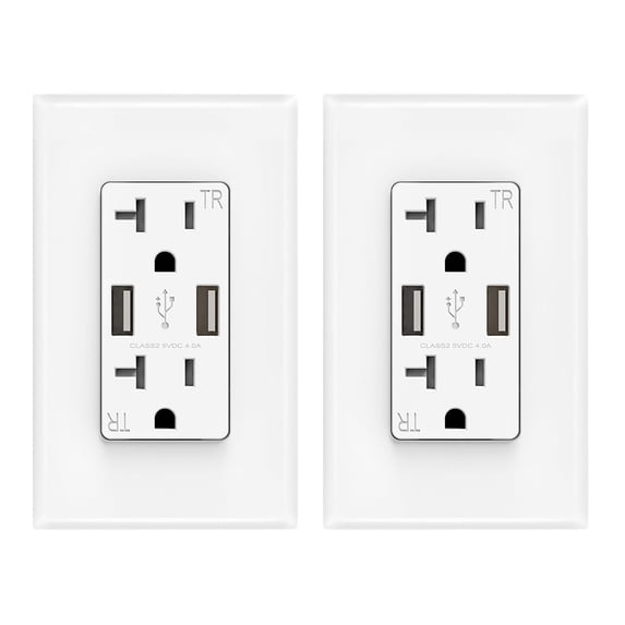ELEGRP USB Wall Outlet Receptacle with Dual 4.0 A USB Ports, 20 Amp Duplex Tamper Resistant Receptacle, Charging Power Outlet with USB Ports, Screwless Wall Plate Included, UL Listed, 2PC, White