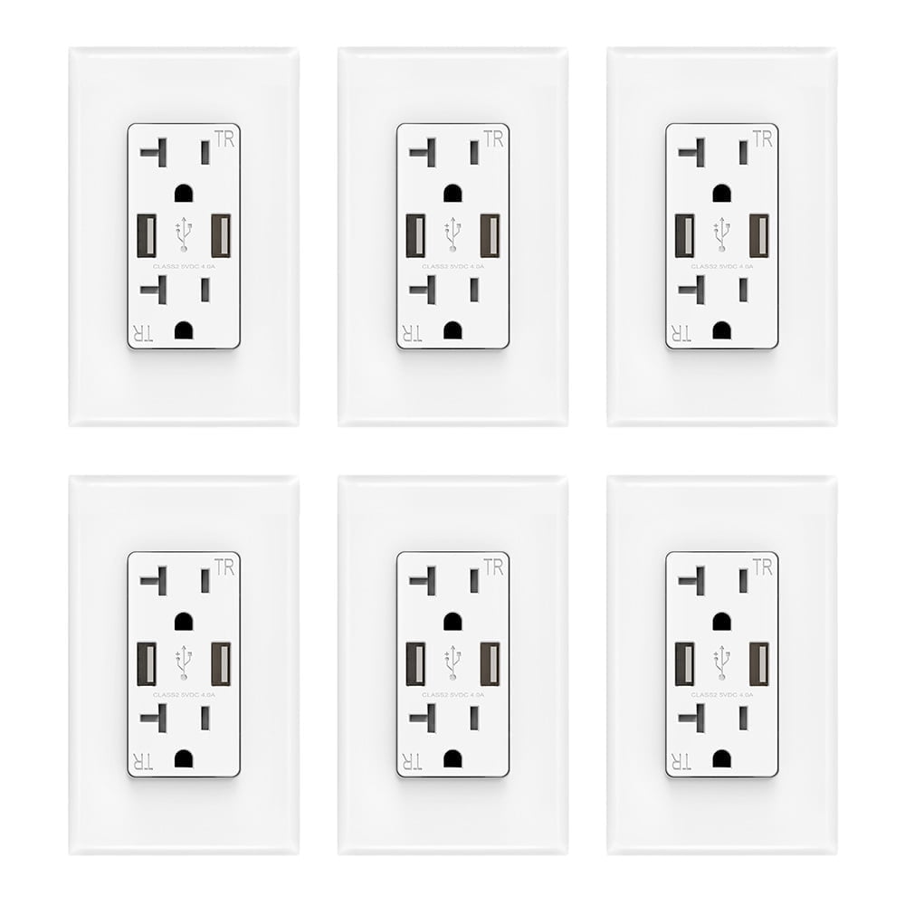 ELEGRP USB Wall Outlet Receptacle with Dual 4.0 A USB Ports, 20 Amp Duplex Tamper Resistant Receptacle, Charging Power Outlet with USB Ports, Wall Plate Included, UL Listed, 6PC, White