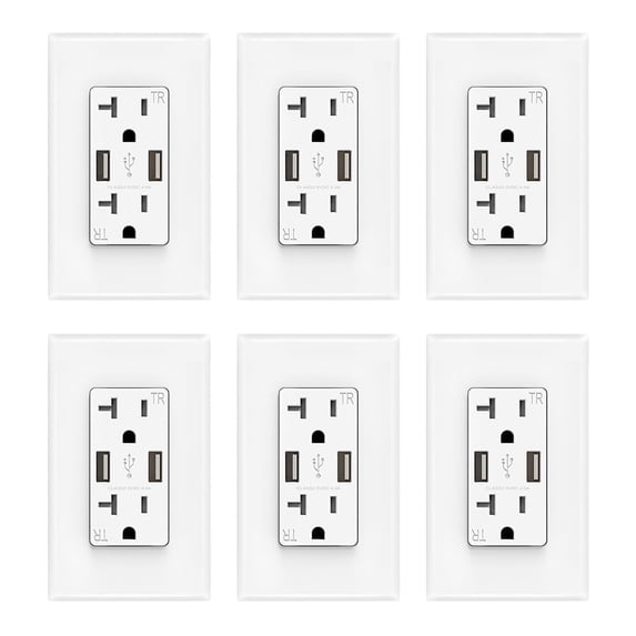 ELEGRP USB Wall Outlet Receptacle with Dual 4.0 A USB Ports, 20 Amp Duplex Tamper Resistant Receptacle, Charging Power Outlet with USB Ports, Wall Plate Included, UL Listed, 6PC, White