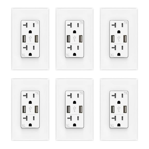 ELEGRP USB Wall Outlet Receptacle with Dual 4.0 A USB Ports, 20 Amp Duplex Tamper Resistant Receptacle, Charging Power Outlet with USB Ports, Wall Plate Included, UL Listed, 6PC, White