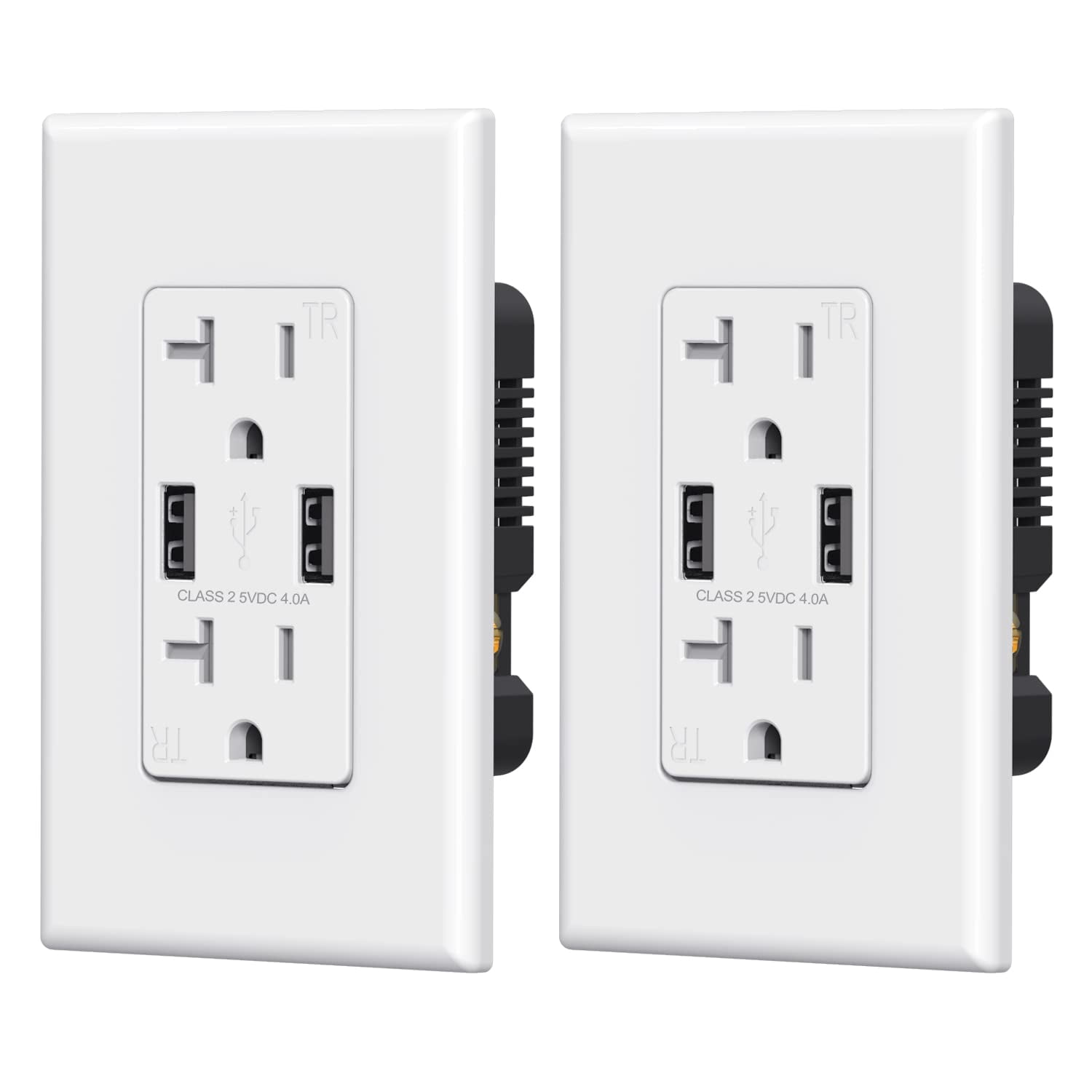 ELEGRP USB Wall Outlet Receptacle with Dual 4.0 A USB Ports, 20 Amp Duplex Tamper Resistant Receptacle, Charging Power Outlet with USB Ports, Wall Plate Included, UL Listed (2 Pack, Glossy White)