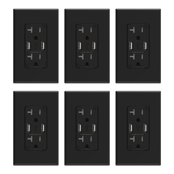 USB Wall Outlet Receptacle with Dual 4.0 A USB Ports, 20 Amp Duplex Tamper Resistant Receptacle, Charging Power Outlet with USB Ports, Wall Plate Included, UL Listed, 6PC, Black