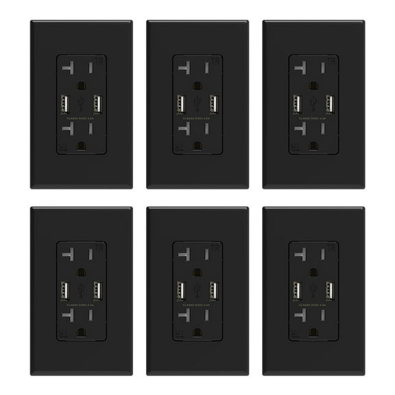 USB Wall Outlet Receptacle with Dual 4.0 A USB Ports, 20 Amp Duplex Tamper Resistant Receptacle, Charging Power Outlet with USB Ports, Wall Plate Included, UL Listed, 6PC, Black