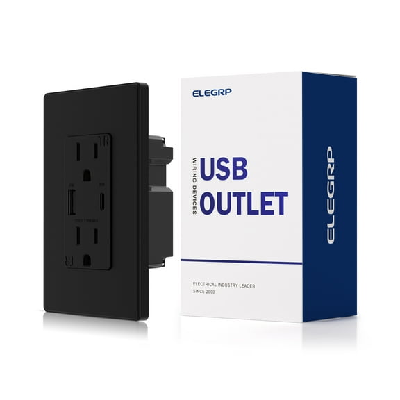 ELEGRP USB Outlets Receptacles, Each USB Port 30W Support Fast Charge Protocols for MacBook Air/iPhone/Samsung/iPad, 15 Amp Outlet with USB C Ports, Wall Plate included, UL Listed