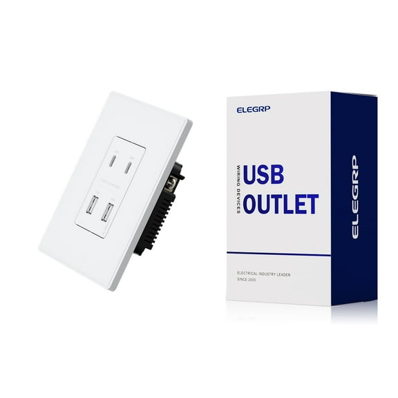 ELEGRP USB Wall Outlet with 2A & 2C USB Ports, 42W Fast Charge 4 Ports USB Charger, Wall Plate Included, UL/CUL Listed, Matte White,1 PC