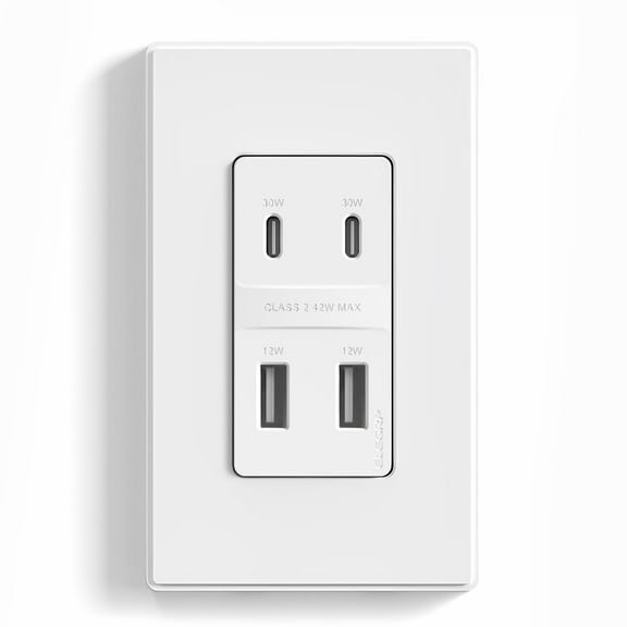 ELEGRP USB Wall Outlet with 2A & 2C USB Ports, 42W Fast Charge 4 Ports USB Charger, Wall Plate Included, UL/CUL Listed, Matte White,3 PC