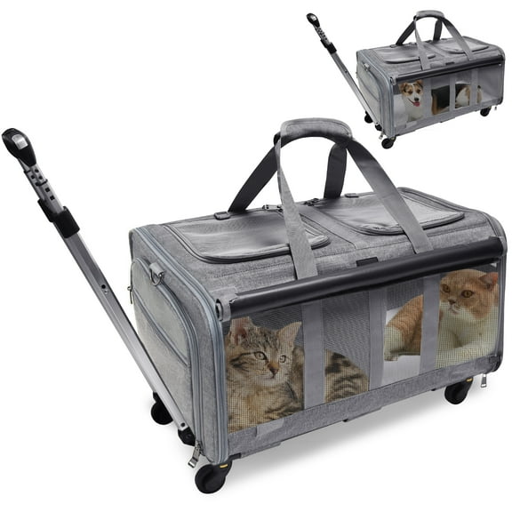 ELEGX Double-Compartment Pet Rolling Carrier with Wheels for 2 Pets,for Up to 35 LBS,Cat Rolling Carrier for 2 Cats,Super Ventilated Design,Ideal for Traveling/Hiking /Camping