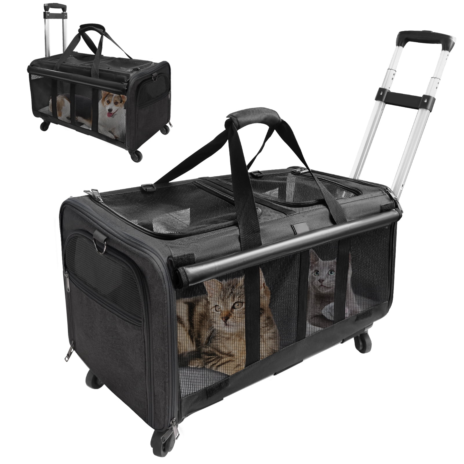 Rolling Cat Carrier with Wheels for 2 Cats, Double-Compartment Foldable Pet  Carrier with Wheels for 2 Small Cats and Dogs, Pet Cat Travel Carrier for