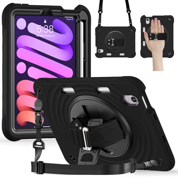 ELEHODL for Pad Mini 7th 6th Generation Case, Shockproof 360° Hand Strap Stand/Shoulder Strap Heavy Duty Protective Case for Pad Mini 7th 6th Generation,Black