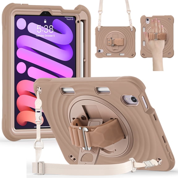 ELEHODL for Pad Mini 7th 6th Generation Case, Shockproof 360° Hand Strap Stand/Shoulder Strap Heavy Duty Protective Case for Pad Mini 7th 6th Generation,Brown